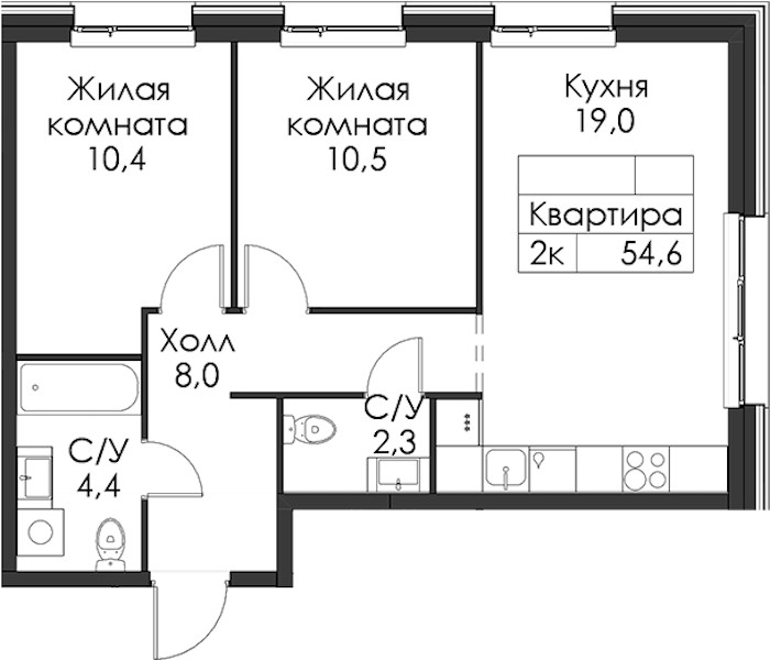 2-комнатная квартира 54.6 м², 2/8 эт., ЖК «Шкиперский 19»